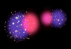 [Bullet Cluster: spatial separation of galaxies, gas, and dark matter]
